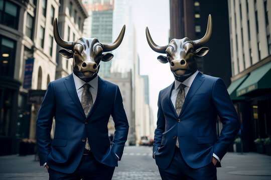 Two Wall Street Bulls in Suits, New York City
