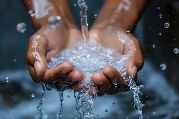 Fototapeta premium Water splashing from female hands, closeup of hands holding water