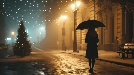 Zelfklevend Fotobehang Silhouette of a girl with umbrella walking in rain in street with historic buildings in the city of Prague, Czech Republic in Europe. © Joyce