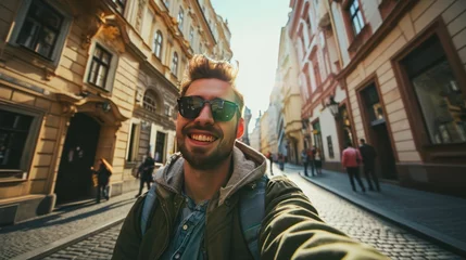 Gordijnen Young traveler taking selfie in street with historic buildings in the city of Prague, Czech Republic in Europe. © Joyce