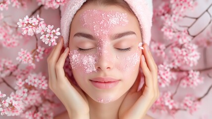 Beautiful young woman with pink facial mask on her face and pink flowers