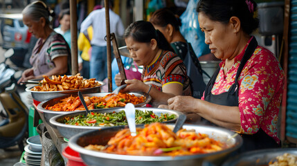 The women buying food from a street food stall. The food visually appealing and look delicious. Use a photorealistic style to capture the details of the women, the food, and the street food stall. - obrazy, fototapety, plakaty