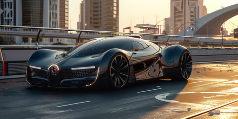 futuristic electric sports car driving in city