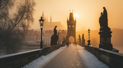 A winter morning of Charles Bridge with snow and historic buildings in the city of Prague, Czech Republic in Europe.