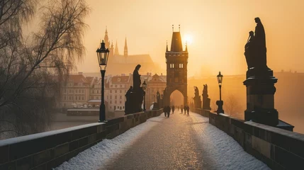 Fotobehang A winter morning of Charles Bridge with snow and historic buildings in the city of Prague, Czech Republic in Europe. © Joyce