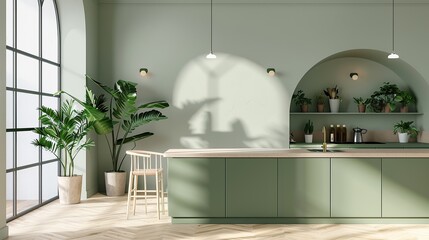 Chic minimal kitchen with a green palette, house plants blending seamlessly into the design, perfect for illustrating modern interior design and eco-conscious living spaces.