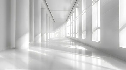Symmetrical blackandwhite hallway with wooden floor, columns, and windows