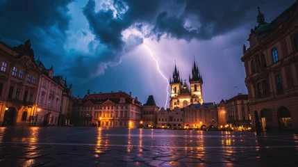 Fotobehang Thunderstorm over Prague city in Czech Republic in Europe. © Joyce
