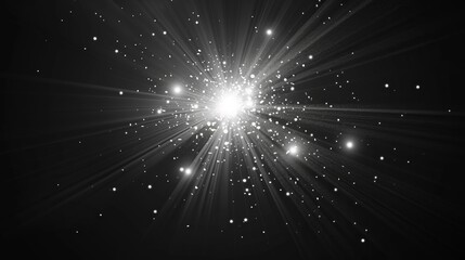 Abstract silver star burst with rays and bokeh on black background