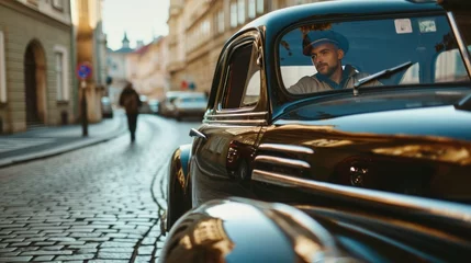 Poster A driver in vintage car in the street of Prague. Czech Republic in Europe. © Joyce