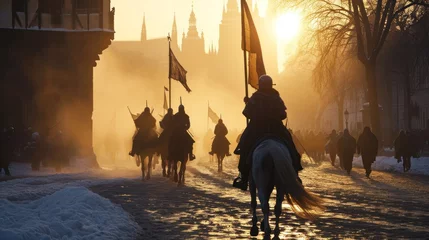Zelfklevend Fotobehang A team of medieval cavalry in armor on horseback marching in Prague city in Czech Republic in Europe. © Joyce