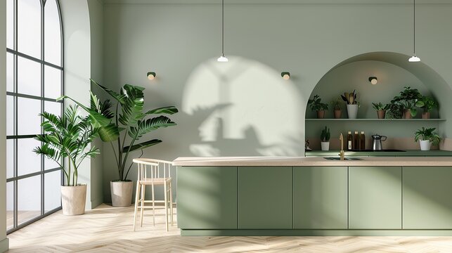 Chic minimal kitchen with a green palette, house plants blending seamlessly into the design, perfect for illustrating modern interior design and eco-conscious living spaces.