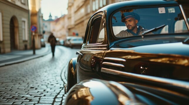 Fototapeta A driver in vintage car in the street of Prague. Czech Republic in Europe.