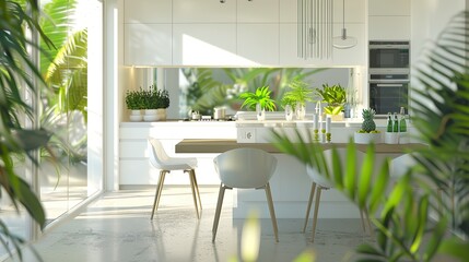 A modern kitchen with hints of green, featuring minimalistic design accented by beautiful house plants, perfect for illustrating contemporary living and eco-friendly lifestyle.