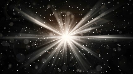 Abstract silver star burst with rays and bokeh on black background