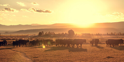 Cattle herd silhouette on a hazy morning