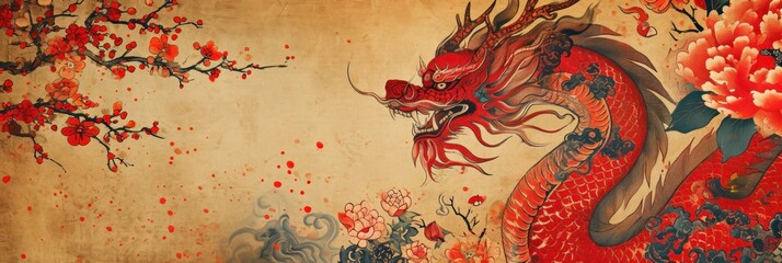 Chinese lunar new year celebration template with zodiac dragon web banner design.