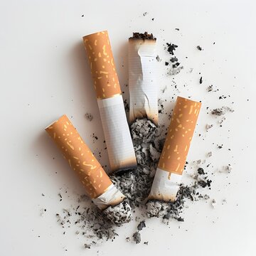 A pile of cigarette butts, few of which are crushed, lie on a white surface.