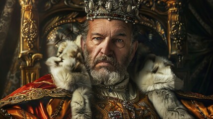 Fototapeta premium An older man with a serious expression is pictured from the chest up, dressed in an elaborate royal outfit. He wears a detailed crown adorned with jewels and pearls, and his attire consists of a fur-t