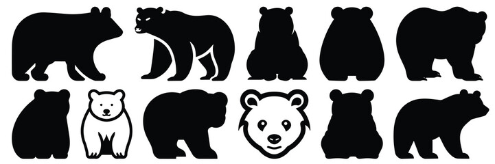Polar bear silhouettes set, large pack of vector silhouette design, isolated white background