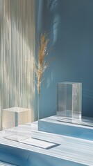 Sleek Glass Podiums for Beauty Showcase with a blue wall  for a luxury beauty product display