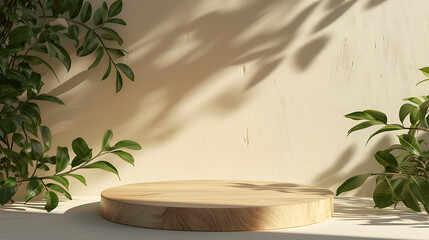 Wooden podium display with leaf shadow composition for product presentation