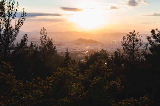 Hymettus mountain landscape, hiking in Athens, Hymettos mountain range panoramic beautiful view, Attica, Greece, in a summer sunny day, with Kaisariani aesthetic forest