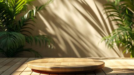 Obraz na płótnie Canvas Wooden podium display with leaf shadow composition for product presentation