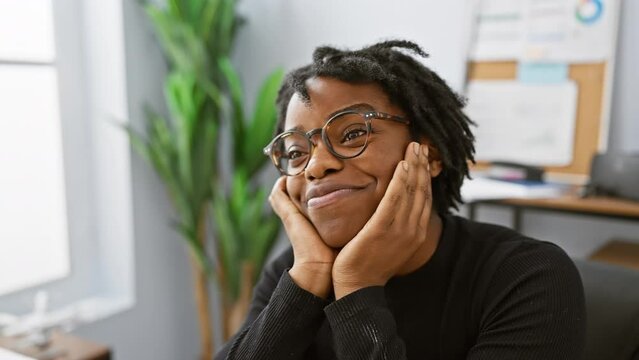Young african american woman with dreadlocks wearing glasses while smiling in an office setting