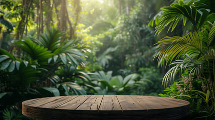 Wooden podium in tropical forest for product presentation and green background