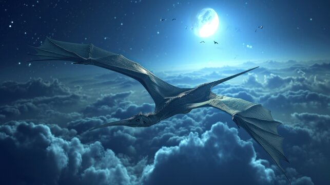Flying dinosaur, Pterodactyl, flying high in sky with moon. Photorealistic.