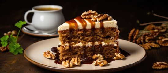 A homemade walnut cake sits on a plate next to a steaming cup of coffee. The cake is rich and moist, with crunchy walnuts scattered on top. The coffee is dark and fragrant, providing the perfect