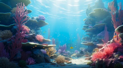 Fototapeta na wymiar Underwater seascape with vivid coral reef. Concept of snorkeling spots, aquatic ecosystems, sea conservation, marine life, and sunlight penetration.