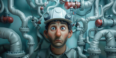Industrial worker in hard hat inspecting network of pipes and valves in manufacturing plant