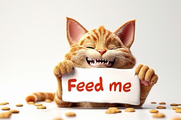 Orange tabby cat holding a sign that says "Feed me". Concept of pet care, animal feeding, and humorous pet expressions. Digital illustration. Isolated on white backdrop