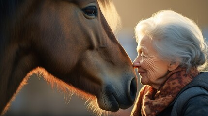 Elderly woman and horse sharing gentle nose-to-nose touch. Concept of animal therapy, companionship, elderly care, leisure and nature bonding. - obrazy, fototapety, plakaty