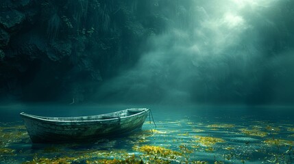 An old rowboat on a calm, misty lake surrounded by dense forest and illuminated by ethereal sunlight