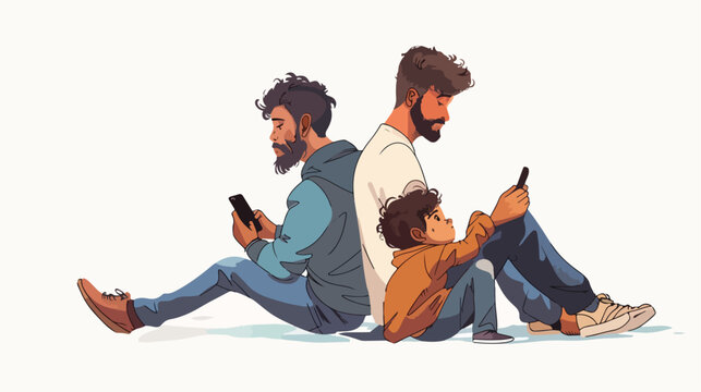 Father and son looking onto mobile phone sitting 
