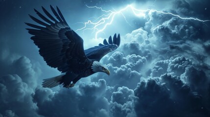 A bald eagle flying in sky in thunderstorm. - obrazy, fototapety, plakaty