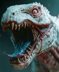 A close-up of a dinosaur with blood dripping from its mouth. Generative AI.