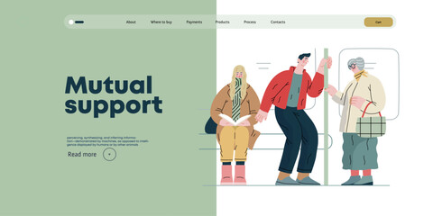 Mutual Support Giving up seat in public transport -modern flat vector concept illustration of man offering his seat to elderly woman on bus A metaphor of voluntary, collaborative exchanges of services - obrazy, fototapety, plakaty