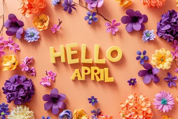 Fotobehang wallpaper the words hello april in yellow and purple flowers Generative AI © SKIMP Art