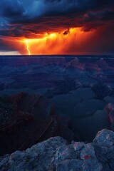 Naklejka premium Lightning strike and heavy cloud at Grand Canyon.