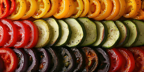 Rainbow of Sliced Vegetables Arranged on Cutting Board with Tomatoes, Peppers, Cucumbers, and Zucchini