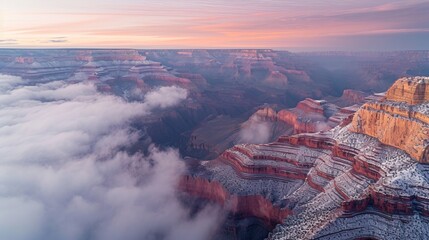 Majestic landscape of rugged lands Grand Canyon in winter with snow.