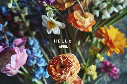 HELLO APRIL image with flowers background Generative AI