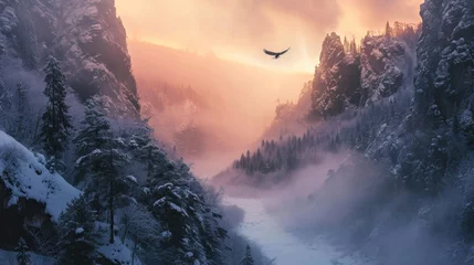 Fotobehang Eagle flying in winter in rugged lands with snow. © Joyce