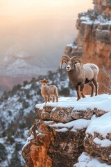 Naklejka premium Bighorn ram sheep goat with cub on cliff in Grand Canyon in winter with snow