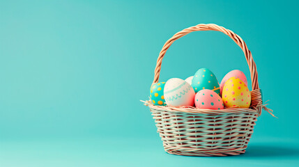 Naklejka premium A basket sits brimming with vibrant Easter eggs in various colors against a solid blue backdrop.