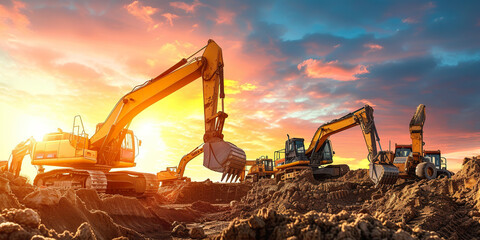 Group of excavator working on a construction - obrazy, fototapety, plakaty